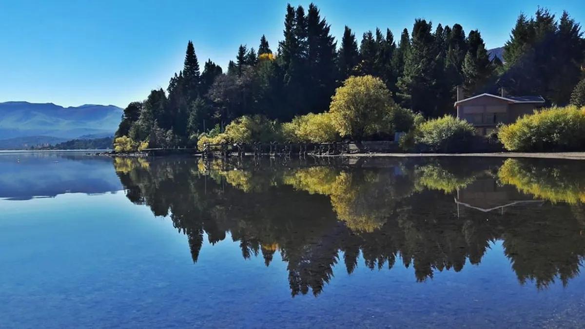 A still Patagonian lake reflecting the forest